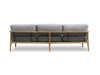 Back view of Tribu Outdoor Lounge 3 Seater sofa with teak frame and grey cushions