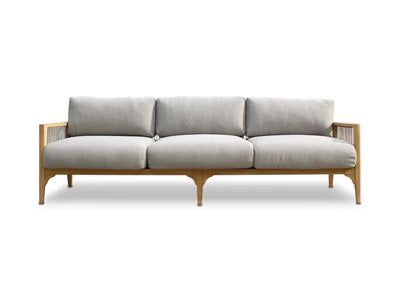 Tribu Outdoor Lounge 3 seater sofa with teak frame, rope accents, and grey Sunbrella cushions for outdoor use