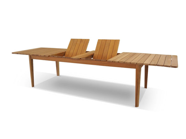 Atoll outdoor teak extendable dining table with both extension leaves raised