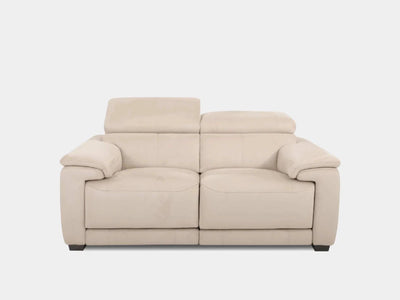 Aurora 2 Seater Sofa in beige fabric with adjustable headrests and cushioned armrests.