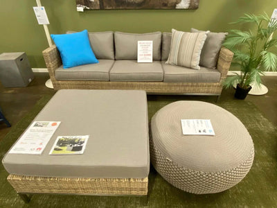 Avalon 3 seater outdoor sofa set in natural Kubu German Rehau wicker with beige cushions and clearance sale price tags