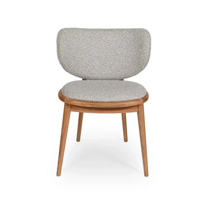 Avery Dining Chair with oatmeal fabric upholstery and natural oak legs, modern cushioned dining seat with curved backrest