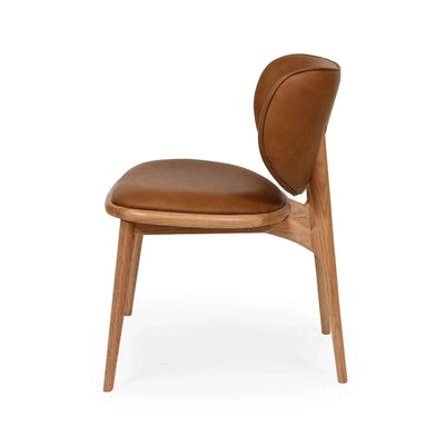 Avery Dining Chair in Verona Tan leather with Natural Oak legs showing side view with curved backrest and cushioned seat