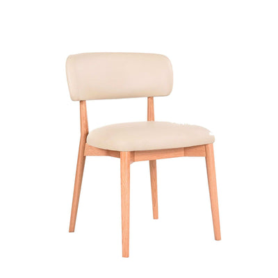 Ayla Dining Chair with polished oak frame and light mocha leather seat featuring soft curves and modern design
