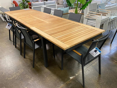 Barcelona teak extension table with charcoal frame and 8 Cebu dining chairs, clearance sale offer