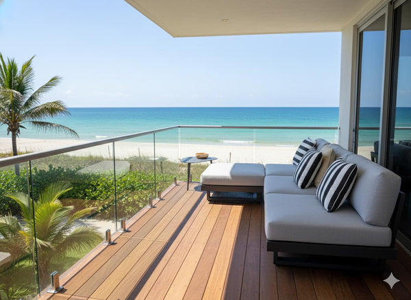 Bari Light Outdoor Lounge 3 seater sofa with Sunbrella cushions on beachfront balcony