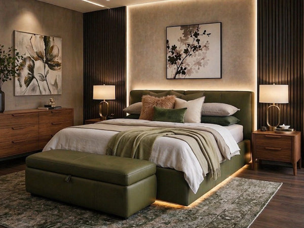 Bellevue Bed Frame in a modern bedroom setup with upholstered headboard, showcasing sleek lines and padded silhouette.