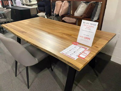 Solid Wormy Chestnut Biscay Dining Table on clearance sale, reduced from $2199 to $999.