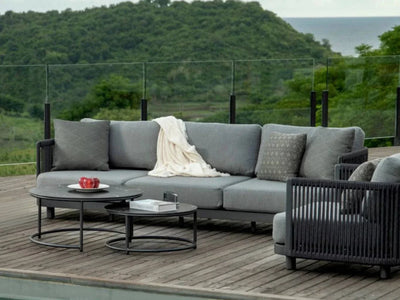 Bonito Outdoor Lounge - 3 Seater Sofa on a wooden terrace with scenic greenery backdrop.