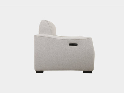 Bordeaux 1.25 Seater Recliner Sofa, side view, light upholstery, dimensions provided.
