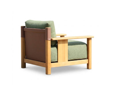 Rear view of Burnside 1 seater outdoor sofa showing teak frame and back detailing