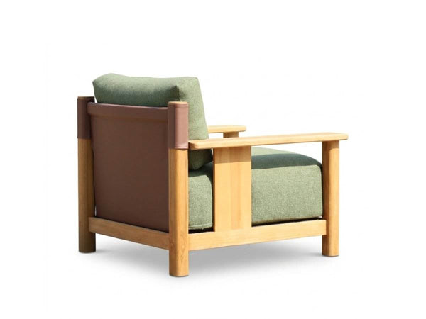 Rear view of Burnside 1 seater outdoor sofa showing teak frame and back detailing