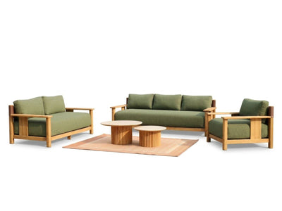 Burnside 1 Seater Outdoor Sofa with teak frame and green Sunbrella cushions, part of a six-seater lounge set