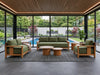 Burnside 6 seater outdoor lounge set with teak frames, green cushions and matching coffee tables