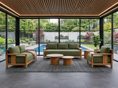 Burnside 6 seater outdoor lounge set with teak frames, green cushions and matching coffee tables