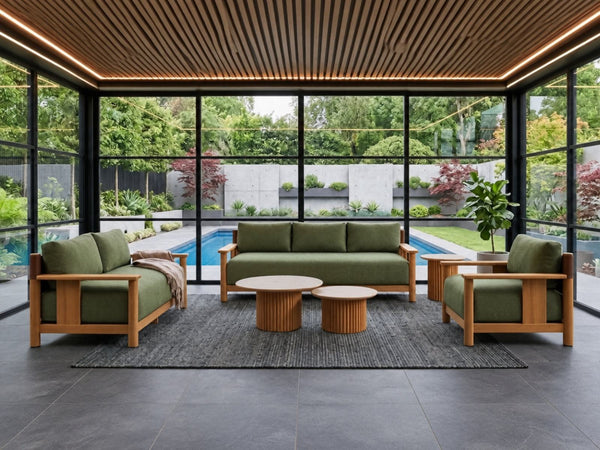 Burnside 6 seater outdoor lounge set with teak frames, green cushions and matching coffee tables