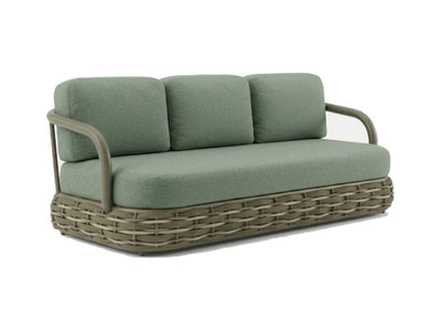 Canasta 3 seater outdoor sofa in green with light cushions and woven base