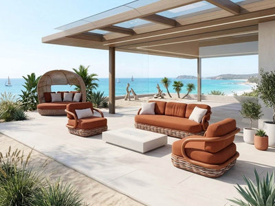 Canasta rust outdoor sofa set with lounge chairs in a contemporary outdoor setting