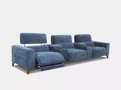 Cannes 4.5 Seater Home Theater Sofa in blue, featuring reclining seats and integrated console units for a luxurious cinema-style experience.