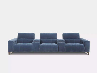 Cannes 4.5 Seater Home Theater Sofa in blue fabric with reclining seats and console units.
