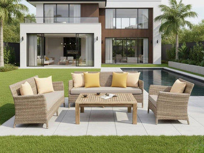 Caribbean 2 Seater Outdoor Sofa in synthetic rattan with quick-dry Sunbrella cushions on modern patio by pool