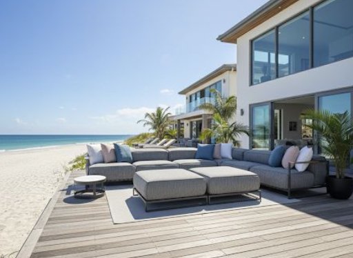 Casilda Outdoor Corner Lounge by Talenti in neutral tones on beachside patio with ocean view
