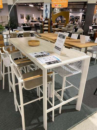 Cebu Outdoor Bar Set with ceramic table and six chairs in white frame for Black November Sale at Taste Furniture Adelaide