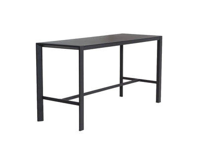 Cebu Outdoor Ceramic Bar Table with a charcoal aluminium frame and smooth dark grey rectangular ceramic top, sleek and sturdy design.