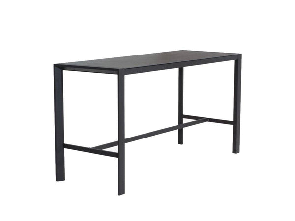 Cebu Outdoor Ceramic Bar Table with a charcoal aluminium frame and smooth dark grey rectangular ceramic top, sleek and sturdy design.
