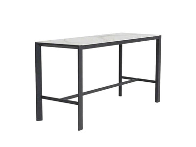 Cebu Outdoor Ceramic Bar Table with charcoal aluminium frame and white marble ceramic top, sleek and durable design.