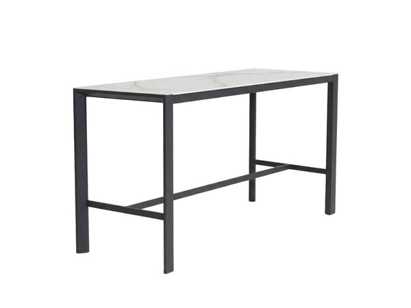 Cebu Outdoor Ceramic Bar Table with charcoal aluminium frame and white marble ceramic top, sleek and durable design.