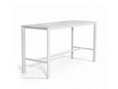 Cebu Outdoor Ceramic Bar Table with white aluminium frame and white marble-effect ceramic top in a sleek, modern design.