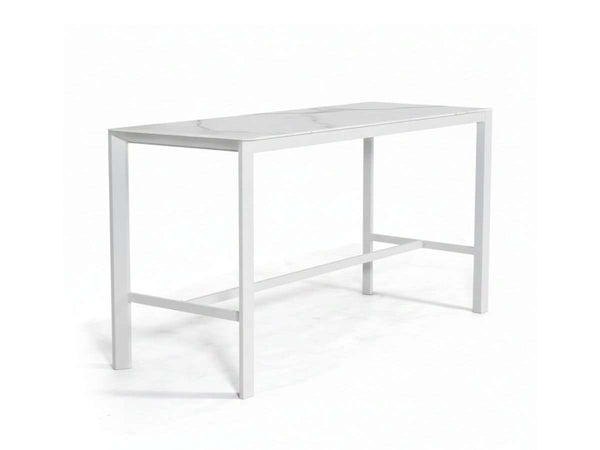 Cebu Outdoor Ceramic Bar Table with white aluminium frame and white marble-effect ceramic top in a sleek, modern design.