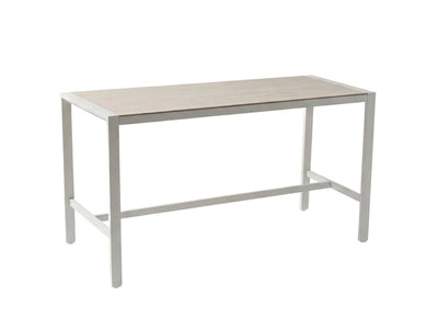 Cebu Outdoor Ceramic Bar Table with white aluminium frame and light beige ceramic top featuring a clean, modern design.