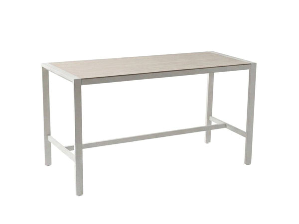 Cebu Outdoor Ceramic Bar Table with white aluminium frame and light beige ceramic top featuring a clean, modern design.