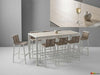 Cebu Outdoor Ceramic Bar Table with white aluminium frame and light cement ceramic top, paired with woven rattan bar stools.