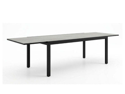Cebu Outdoor Ceramic Extendable Dining Table - Large with a sleek grey ceramic top and black aluminium frame, modern and spacious.