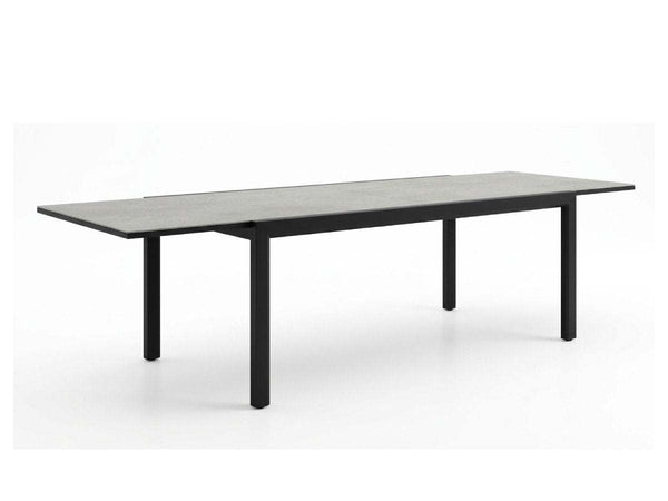 Cebu Outdoor Ceramic Extendable Dining Table - Large with a sleek grey ceramic top and black aluminium frame, modern and spacious.
