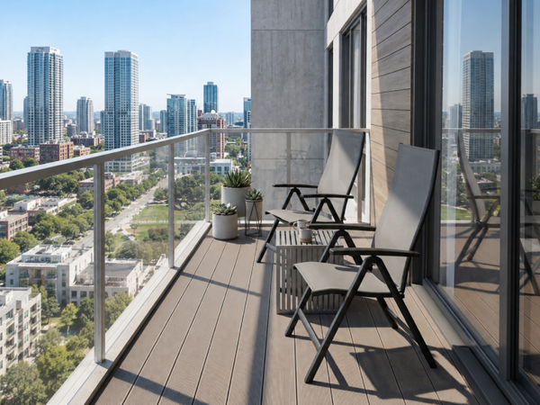 Chora outdoor multi-position high-back chairs on a modern balcony
