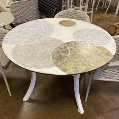 Como Italian Lava Stone Round Dining Table with hand-painted basalt tabletop, ideal for indoor and outdoor use.