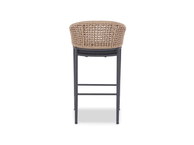 Como Outdoor Wicker Bar Chair with charcoal powder-coated aluminum frame and matte sooty fabric seat, front view.