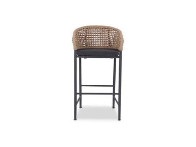 Como Outdoor Wicker Bar Chair with charcoal aluminum frame and sooty fabric seat viewed from front