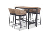 Como Outdoor Wicker Bar Chair set with charcoal aluminum frame and sooty fabric seats around wooden-top bar table