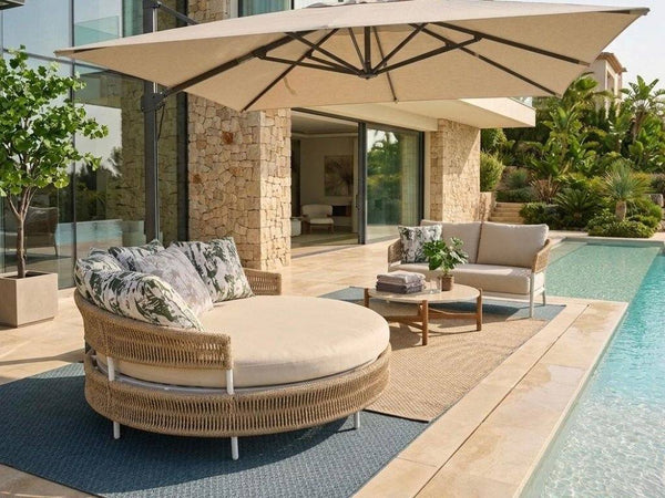 Corsica Daybed outdoor daybed with curved wicker design and Sunbrella cushions