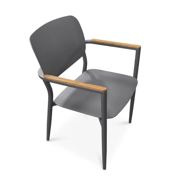 Cove Outdoor Dining Chair in charcoal grey with a heavy duty aluminium frame and solid teak armrest trims for outdoor use.
