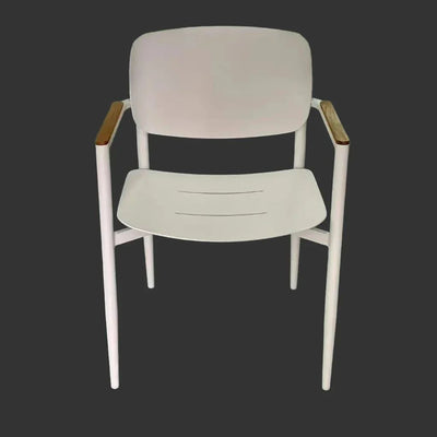 Cove Outdoor Dining Chair with white frame and wooden armrests against dark background