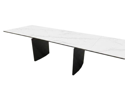 Denmark Extendable Ceramic Top Dining Table with white marble finish and powder-coated steel legs