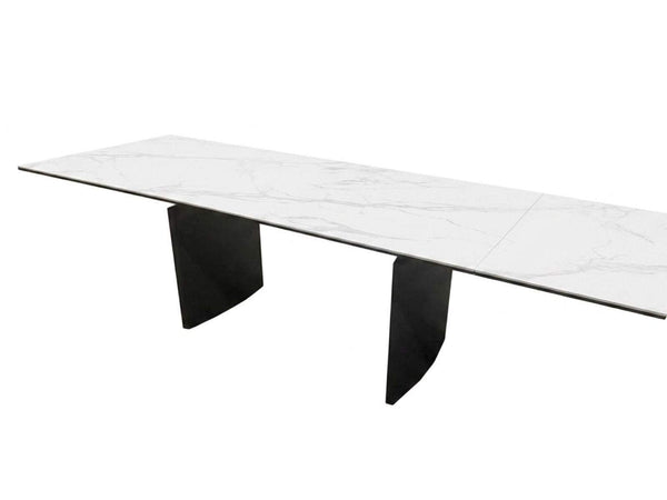 Denmark Extendable Ceramic Top Dining Table with white marble finish and powder-coated steel legs