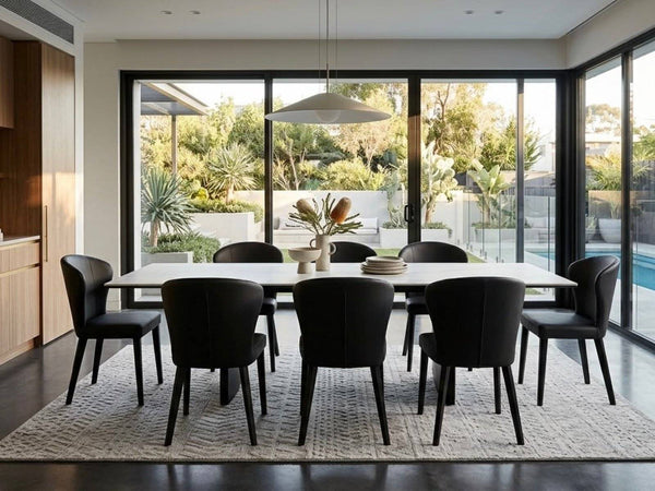 Denmark Extendable Ceramic Top Dining Table with white marble finish and powder-coated steel legs