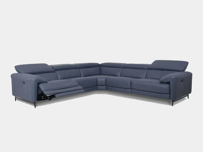Devereux 5 Seater Corner Sofa in blue leather with sleek modern design and recliner feature.